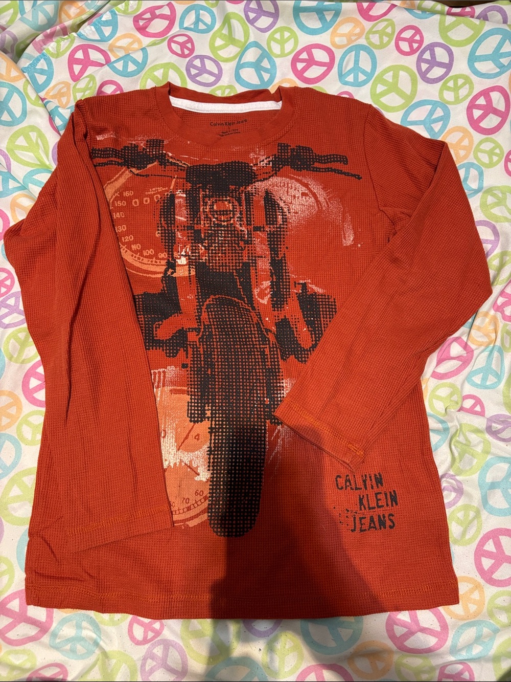 Kids Calvin Klein Orange Long Sleeve Motorcycle Graphic Tee (L)